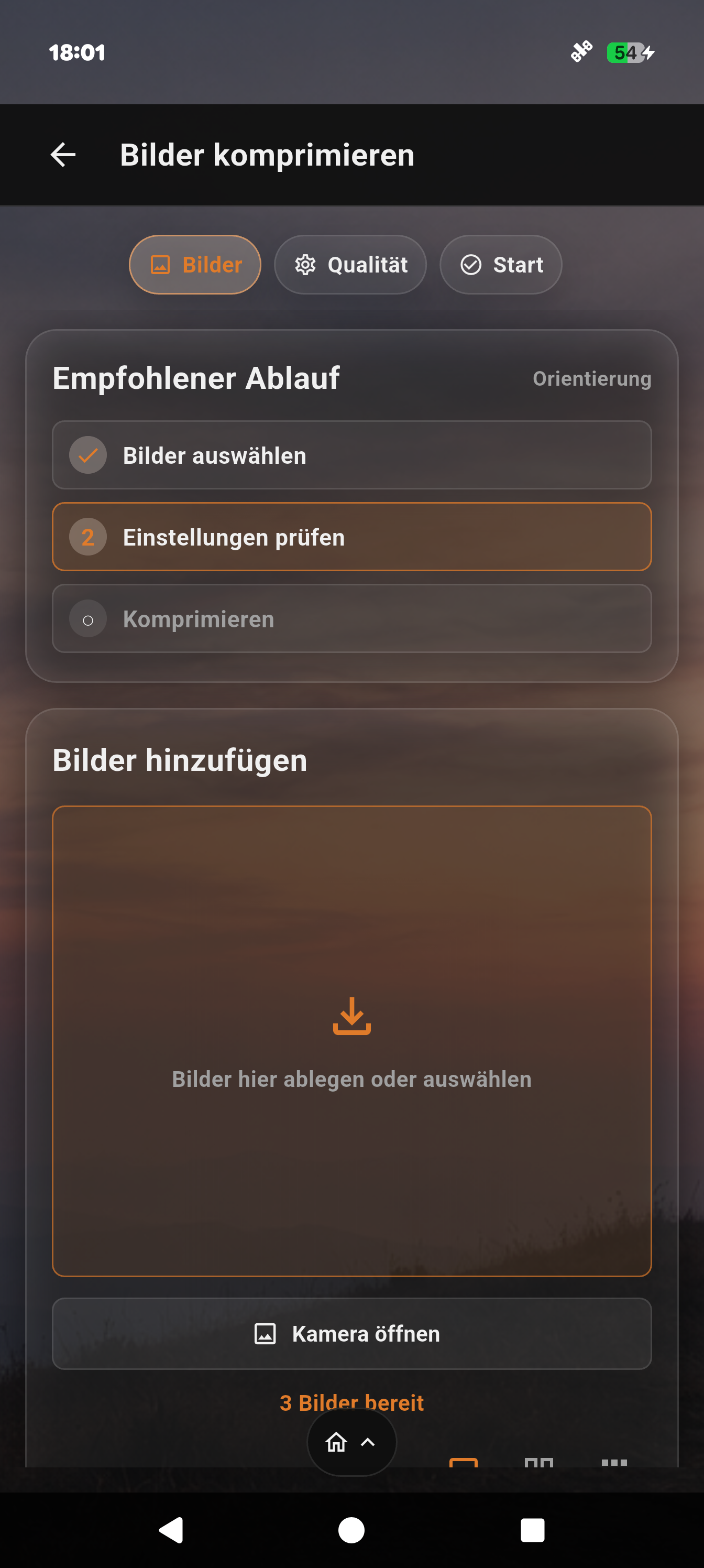 Drei ausgewählte Bilder im Image-In Komprimierungsablauf
