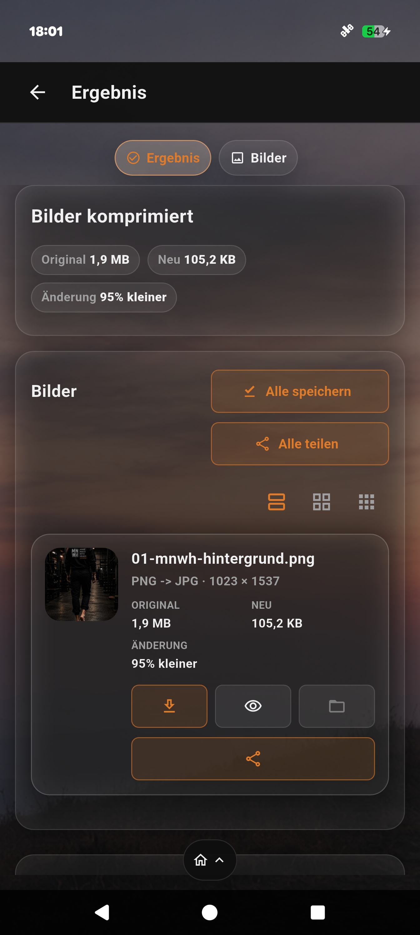 Komprimierungsergebnis mit Größenvergleich und Aktionen zum Speichern und Teilen