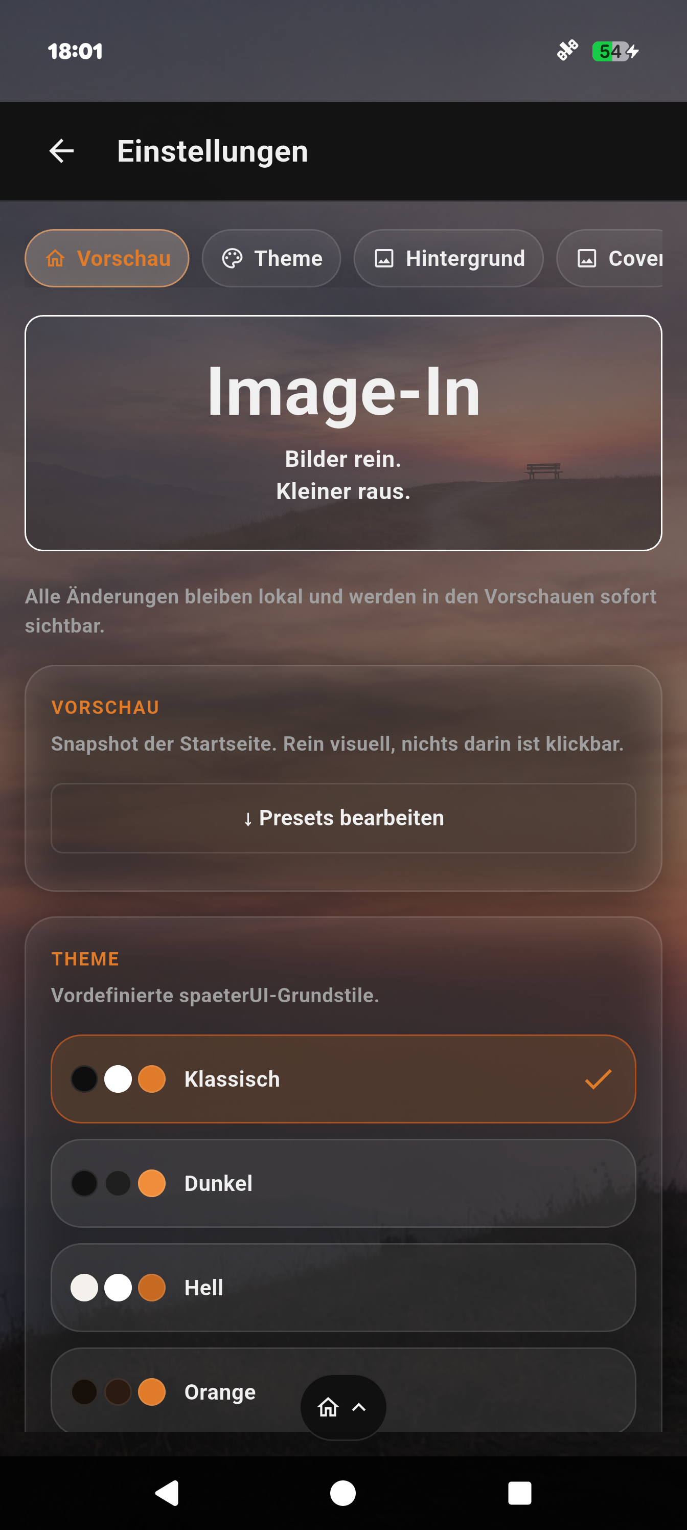 Image-In Einstellungen mit Vorschau und auswählbaren Themes
