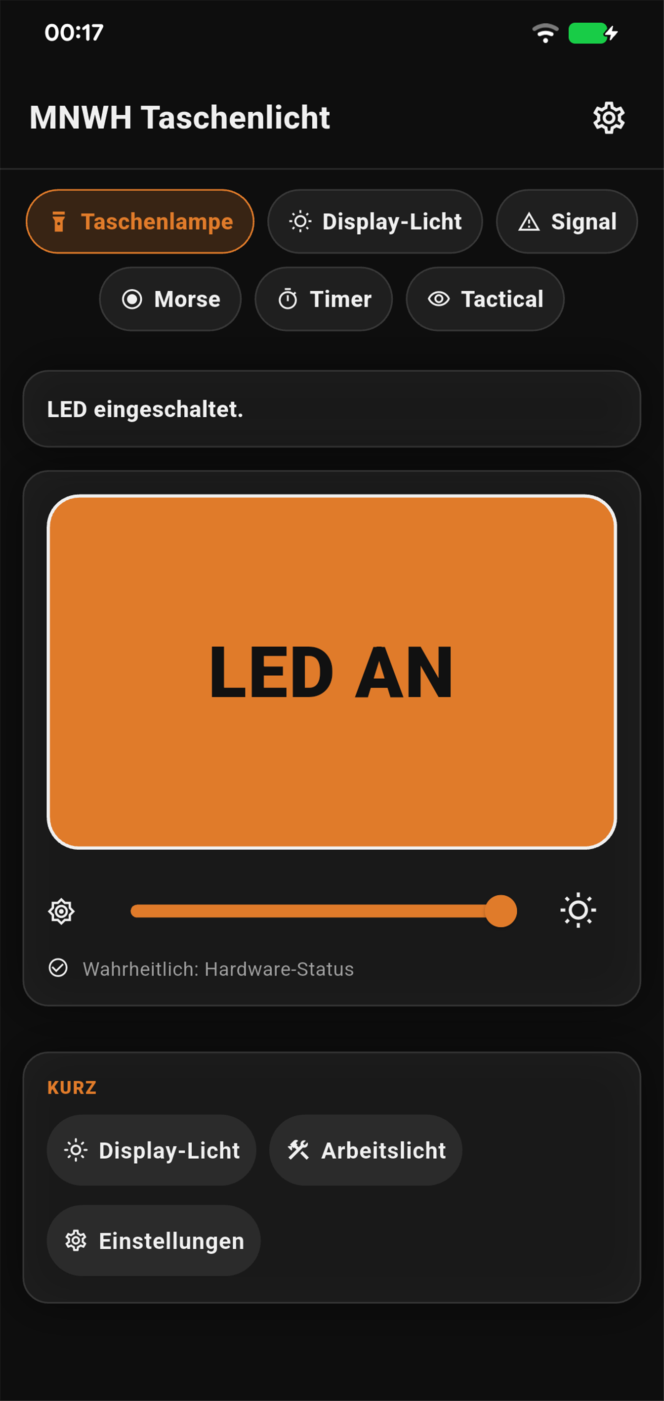 Taschenlampenansicht von mLIGHTwh mit eingeschalteter LED, aufgenommen auf einem Pixel 7 Pro