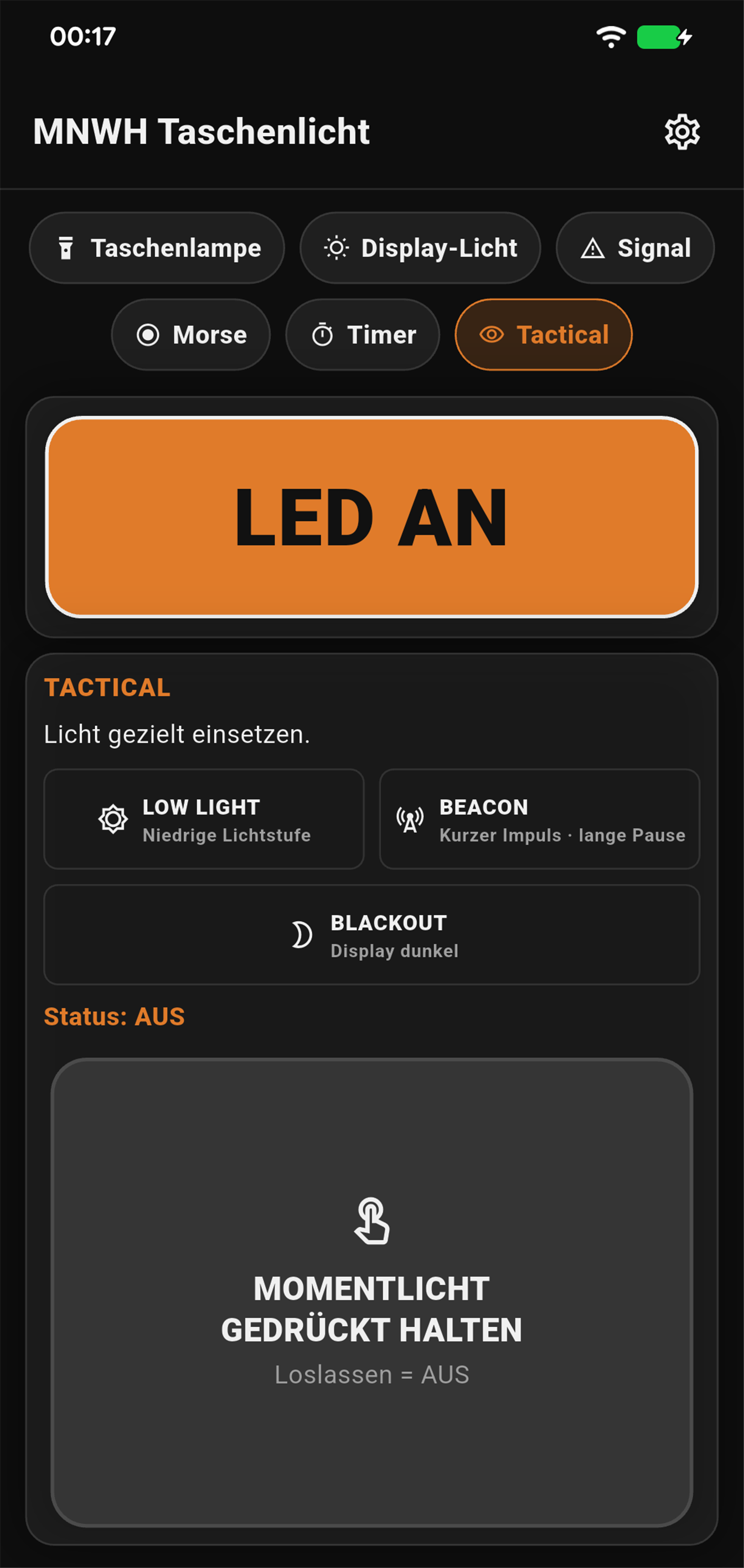 Tactical-Bereich in mLIGHTwh mit eingeschalteter LED