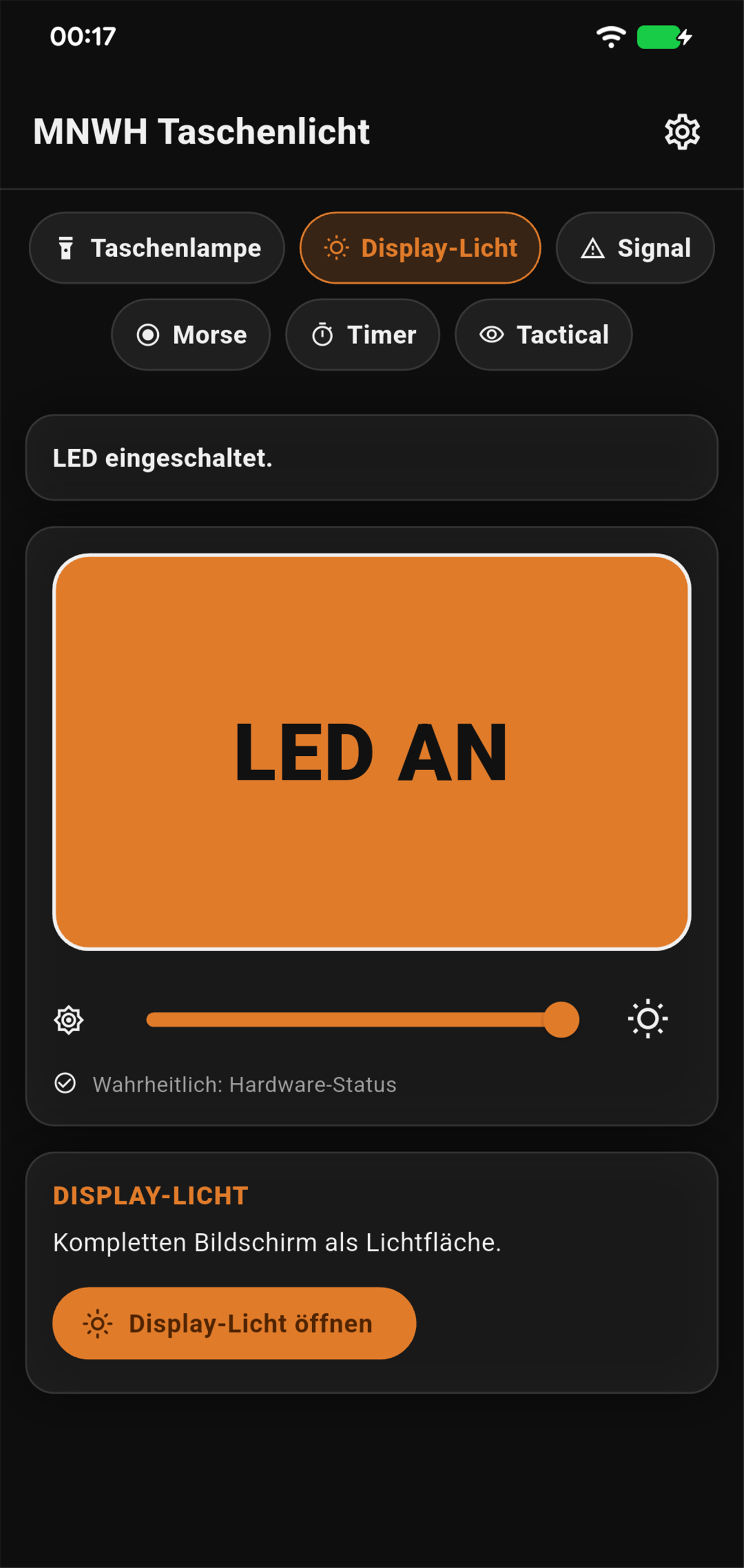 Display-Licht in mLIGHTwh bei eingeschalteter LED