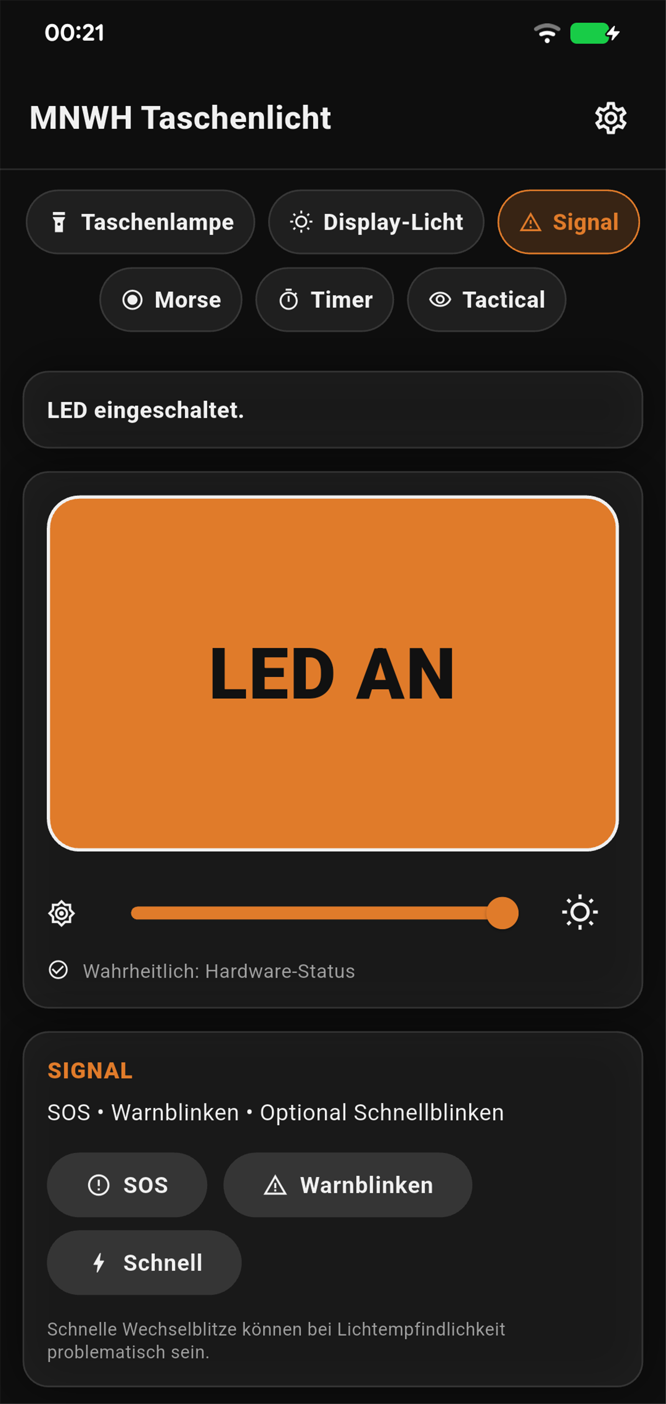 Signalauswahl in mLIGHTwh mit eingeschalteter LED sowie SOS, Warnblinken und Schnellblinken