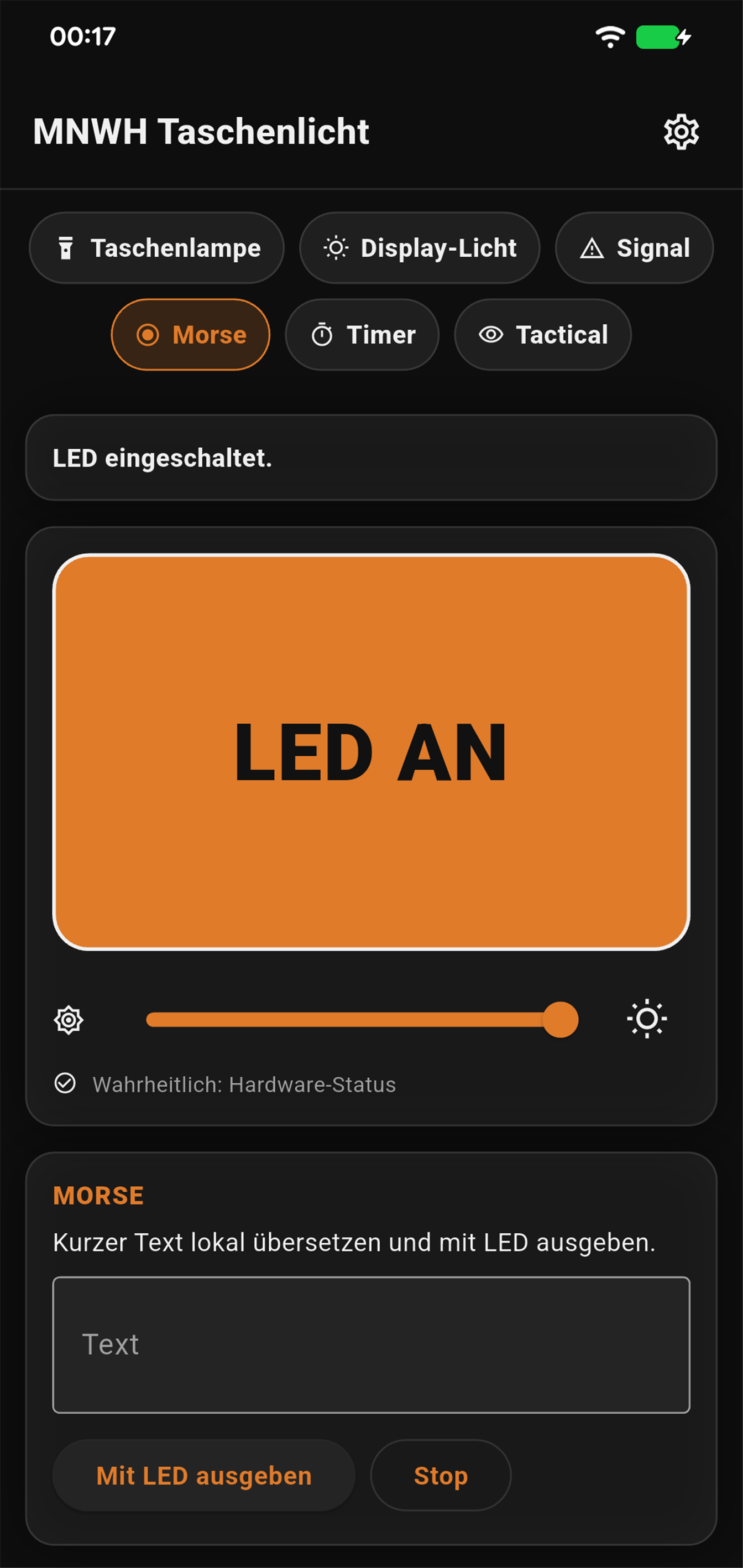 Morse-Ansicht in mLIGHTwh mit eingeschalteter LED