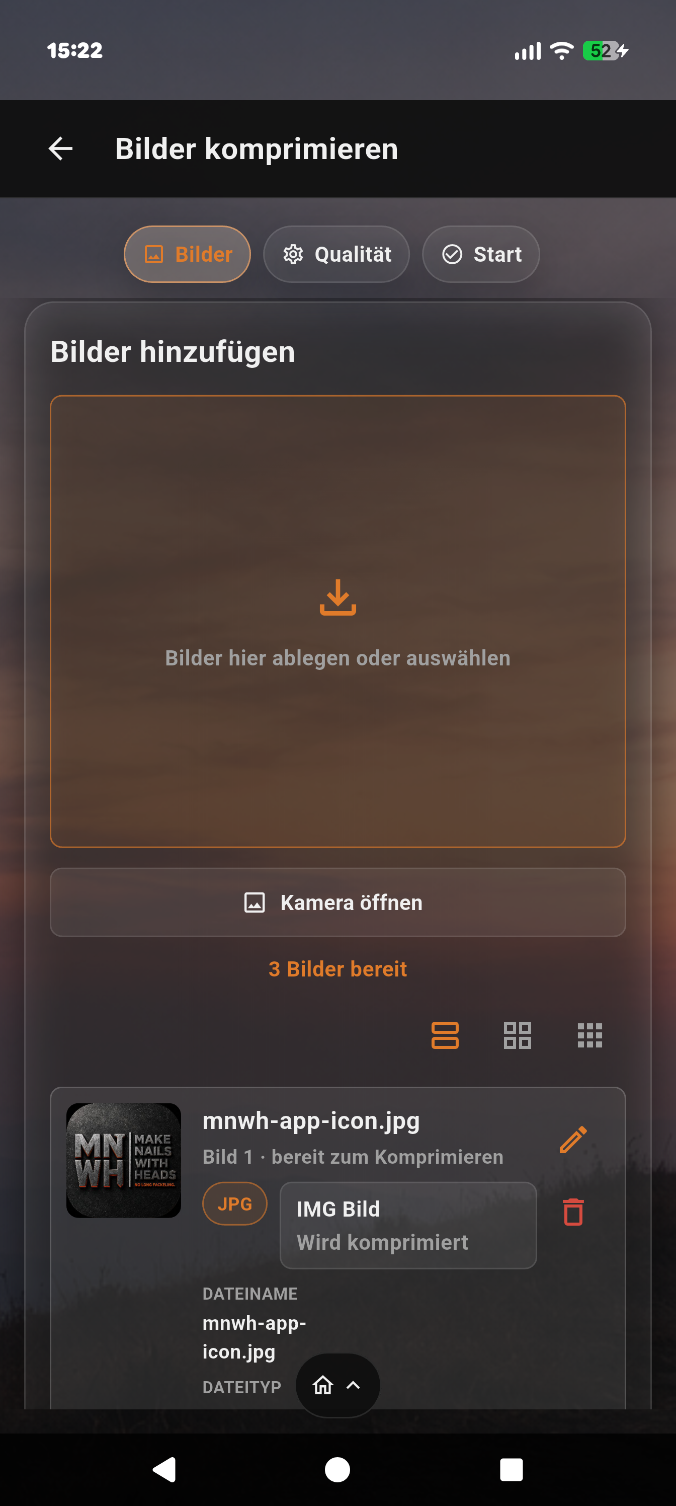 Drei ausgewählte Bilder im mIMGwh Komprimierungsablauf